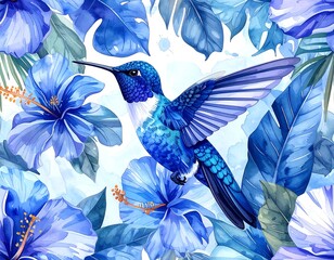Vibrant blue hummingbird amidst tropical flowers (1)
