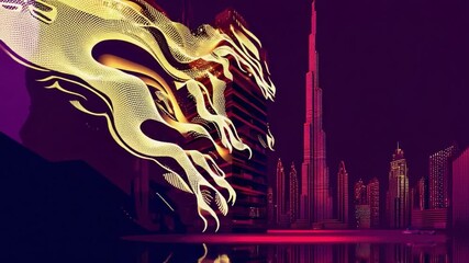 Mythical chinese dragon made of golden light particles and flowing data soaring through a futuristic city skyline with iconic skyscrapers, representing innovation and digital transformation - Powered by Adobe