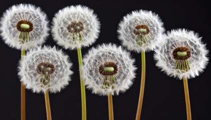 A group of dandelion stalks, all flower heads complete with fine, soft seeds.