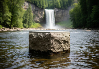 Single rough stone pedestal standing on river water with large waterfall scenery and green forest background for mockup
