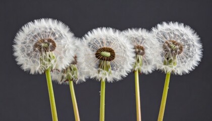 Several dandelion stems in a group, flower heads whole with feathery seeds