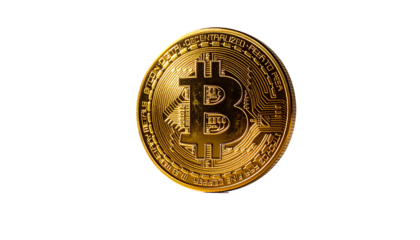 A gleaming gold coin features a stylized "B" symbol within intricate circuitry design, isolated on a black background