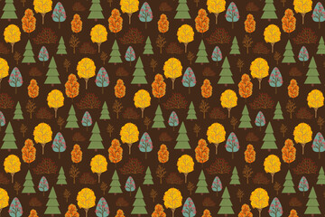 Autumn-themed vector illustration features a seamless pattern of colorful trees, capturing the essence of fall. Includes various species with warm orange, yellow, and green hues.