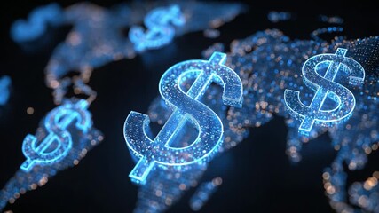 Futuristic blue dollar signs made of glowing particles floating over a digital representation of the world map, symbolizing global finance, fintech innovation, and digital currency exchange