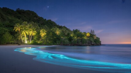 Obraz premium Bioluminescent Beach at Night with Palm Trees and Starry Sky
