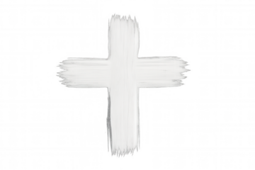 Christian cross symbol hand drawn with white paint brush strokes, religious belief concept, transparent background