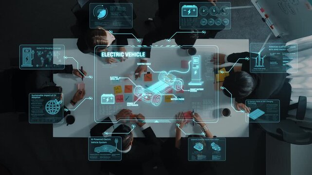 Professionals engage in a brainstorming session focused on electric vehicle technology, utilizing digital diagrams and data analysis to foster innovative solutions in a modern environment. Raster