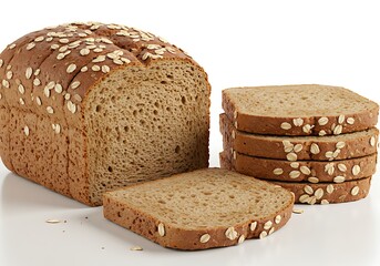 A fresh, brown loaf of whole-wheat bread with two slices on a white background