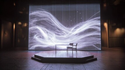 Empty stage with a desk and chair prepared for a speaker or interview, set against a large screen showing flowing abstract white light streaks, representing data or energy flow