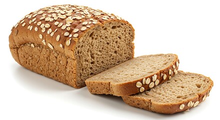 A fresh, brown loaf of whole-wheat bread with two slices on a white background