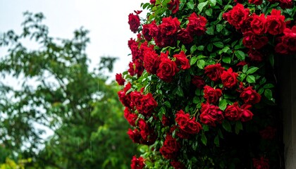 Lush red roses cascading down a wall