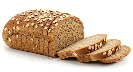 A fresh, brown loaf of whole-wheat bread with two slices on a white background
