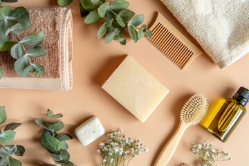 Top view of spa and wellness products with eucalyptus leaves on a beige background creating a relaxing and natural atmosphere