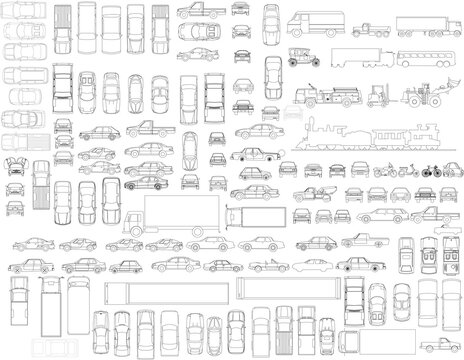 “2D Interior Architecture Draft with Layout, Front and Side Views, and Vehicle Drawings”