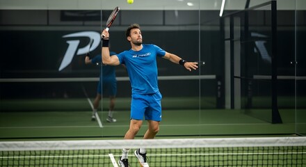 Dynamic Male Padel Player Hitting Ball on Indoor Court