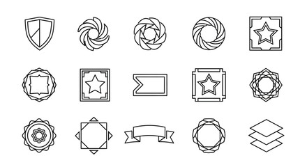 A collection of various outline geometric shapes, frames, badges, and abstract design elements for graphic resources.