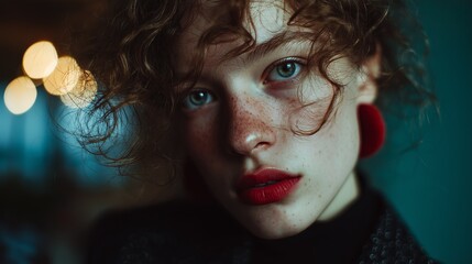 Intimate portrait capturing a young woman with freckled skin, curly hair, and vibrant red lips, exuding mystery and elegance.