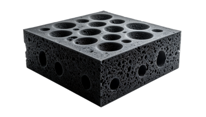 Dark gray, porous, cubic material with large and small holes, exhibiting a textured, possibly spongy or cellular structure
