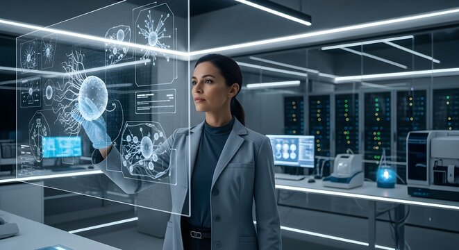 Female Scientist Interacting with Futuristic Medical Technology Hologram