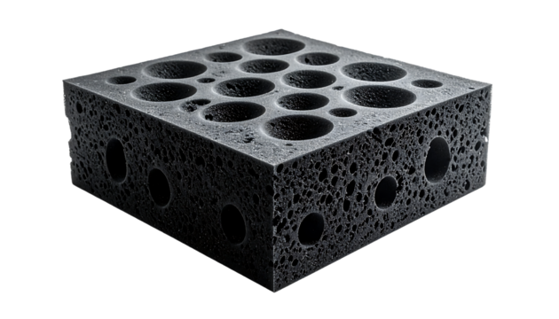 Dark gray, porous, cubic material with large and small holes, exhibiting a textured, possibly spongy or cellular structure