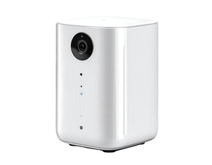 White, cuboid security camera with a single lens, small indicator lights, and subtle vertical lines