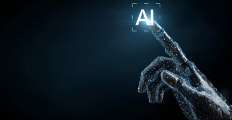 Hand touching AI icon on dark blue background, representing artificial intelligence technology and digital advancement