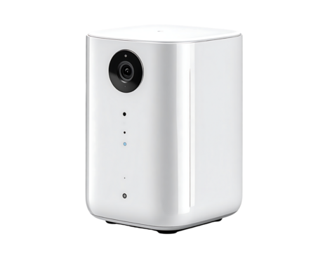 White, cuboid security camera with a single lens, small indicator lights, and subtle vertical lines