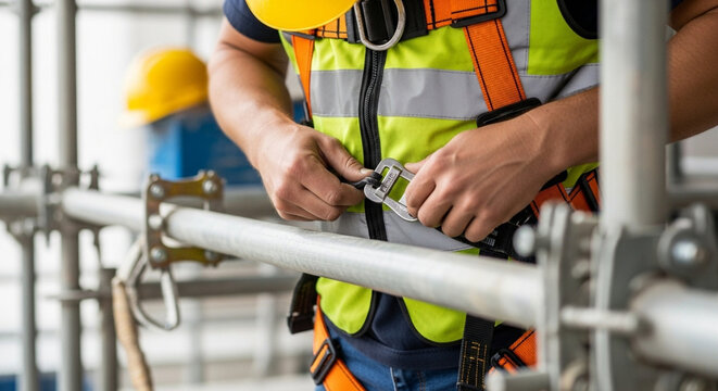 A construction worker is shown securing their safety harness while working on scaffolding at a job site.