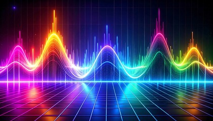 Abstract neon colored digital sound wave illustration with grids, representing music or audio frequencies. Bright and vibrant