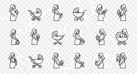 Fototapeta premium A collection of black line art icons depicting diverse human faces, heads, and figures in various poses including running and sitting.