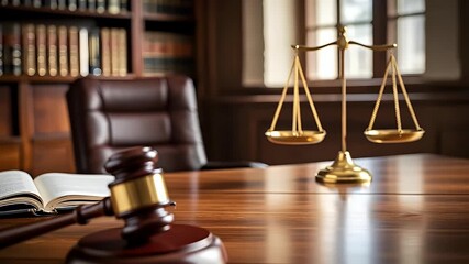 Dynamic gavel striking on desk with scales of justice, legal concept and courtroom scene