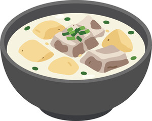A black bowl of creamy white stew with chunks of meat, potatoes, and green herbs.
