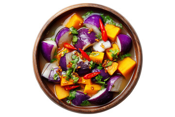 Papua New Guinea Taro and Sweet Potato Stew, thick stew of root vegetables and leafy greens, isolated on white transparent background. Concept of healthy natural food