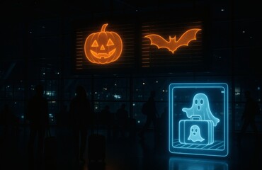 Airport terminal at night with travelers, digital flight board showing pumpkin and bat icons, and holographic luggage scanner displaying ghost in suitcase, Halloween theme