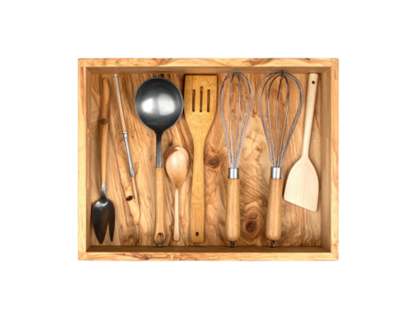 Top-Down View of Mixed Kitchen Utensils in Wooden Holder, isolated on transparent background PNG - Powered by Adobe