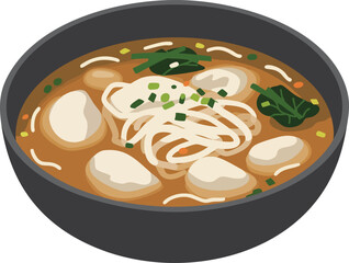 Bowl of noodle soup with dumplings and green vegetables.