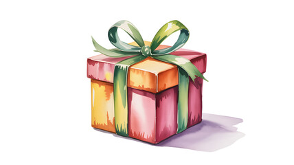 Fototapeta premium Watercolor Gift Box with Green Ribbon: A Hand-Painted Present for Special Occasions, Isolated on White Background, Perfect for Greetings and Surprises