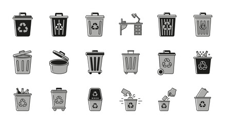 Collection of various trash cans and recycle bins, some with recycle symbols, in a vector illustration format.