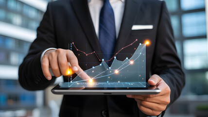 Professional businessman analyzing dynamic financial growth charts on a digital tablet, showcasing business success and strategic insights.