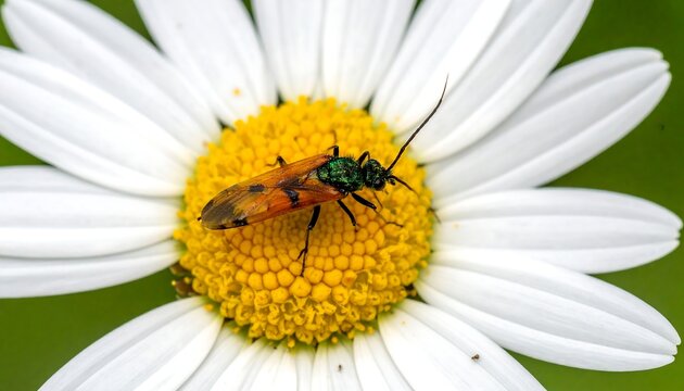 Colorful insect perched on a white daisy