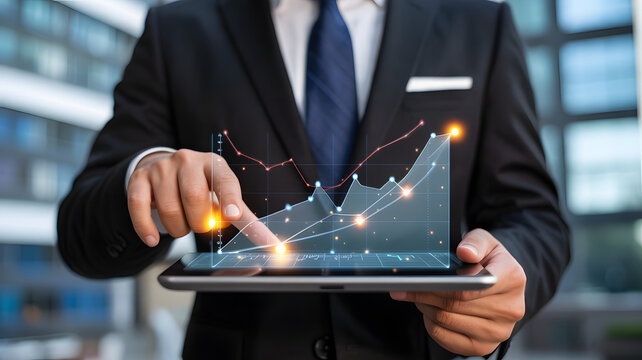 Professional businessman analyzing dynamic financial growth charts on a digital tablet, showcasing business success and strategic insights. - Powered by Adobe