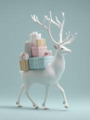 Deer carries giftboxes isolated on pastel blue background. Creative holiday Christmas theme concept 
