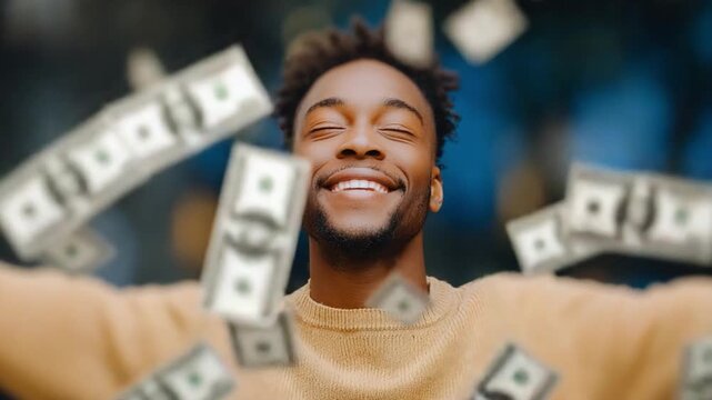 Raining Riches: A joyful individual embraces a deluge of cash, symbolizing wealth, prosperity, and financial freedom, the image radiates success and a cheerful outlook.