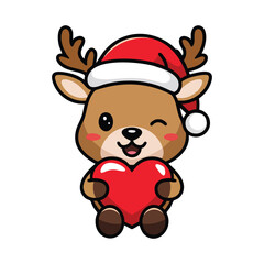 Cute Santa Reindeer with Heart Christmas Love Cartoon Vector Festive Holiday Clipart Illustration