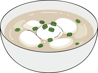A simple illustration of a white bowl filled with Asian rice cake soup, garnished with chopped green onions.