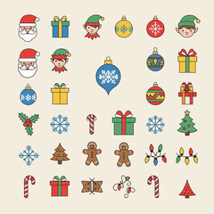 Naklejka premium Collection of colorful Christmas icons featuring Santa Claus, elves, ornaments, gifts, snowflakes, and Christmas trees.