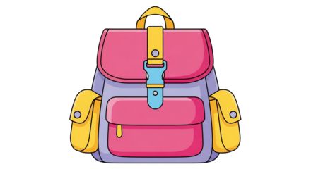 Colorful cartoon backpack illustration with a pink flap, yellow pockets, and a blue buckle.