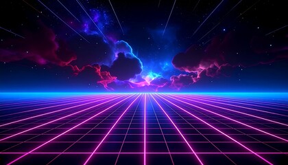 Futuristic gridded landscape at night