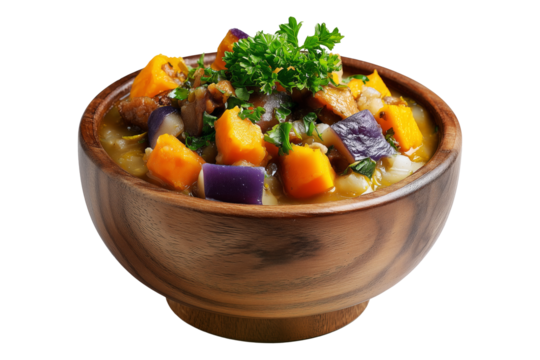 Papua New Guinea Taro and Sweet Potato Stew, thick stew of root vegetables and leafy greens, isolated on white transparent background. Concept of healthy natural food