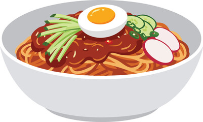 A white bowl filled with Korean cold noodles, topped with spicy red sauce, a halved hard-boiled egg, fresh cucumber strips, and radish slices.